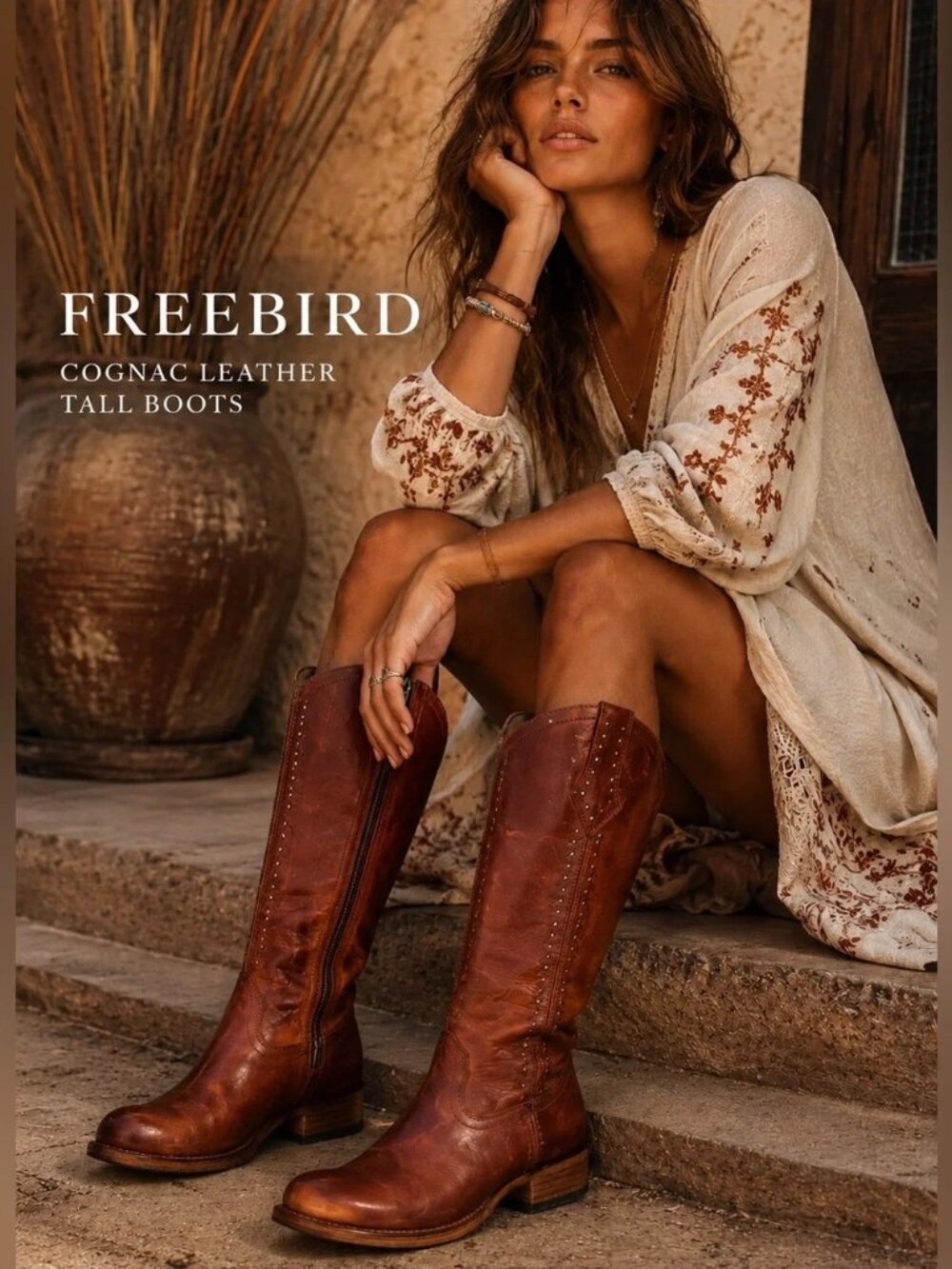 Freebird 'Rigger' Cognac Leather Western Zip-Up Handcrafted Tall Boots Size 7